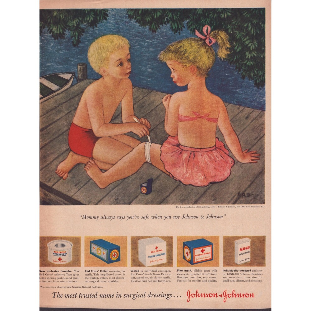 Vintage Johnson & Johnson Band-Aid Red Cross Print Ad Children Illustration Art